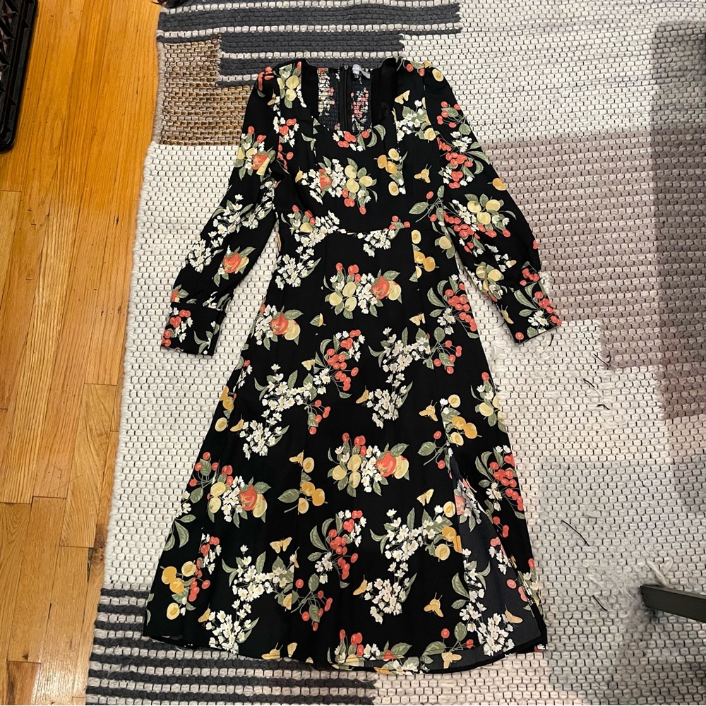 Black Fruit Patterned Midi Dress
